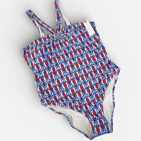 New Anthropologie Swimsuit Geometric‎ Blue Motif Tile One Piece Sz L